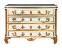 A Pair of Louis XIV Style Cream-Painted and Gilt Bronze Mounted Marble-Top Commodes