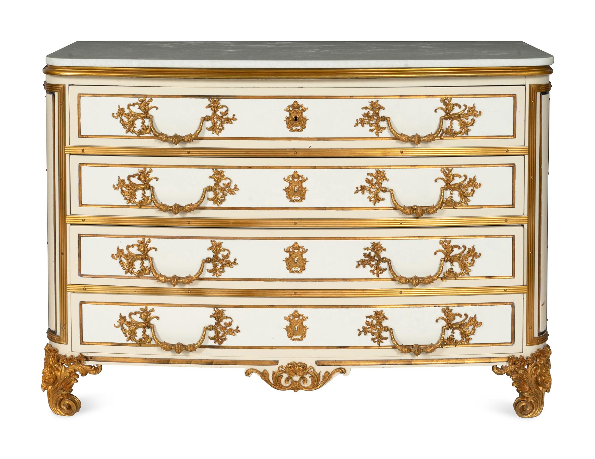 A Pair of Louis XIV Style Cream-Painted and Gilt Bronze Mounted Marble-Top Commodes
