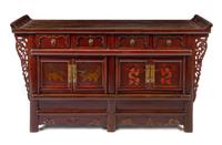 A Chinese Painted Cabinet Height overall 41 1/4 x width 69 3/4 x depth 21 1/2 inches. — LATE 19TH/EARLY 20TH CENTURY