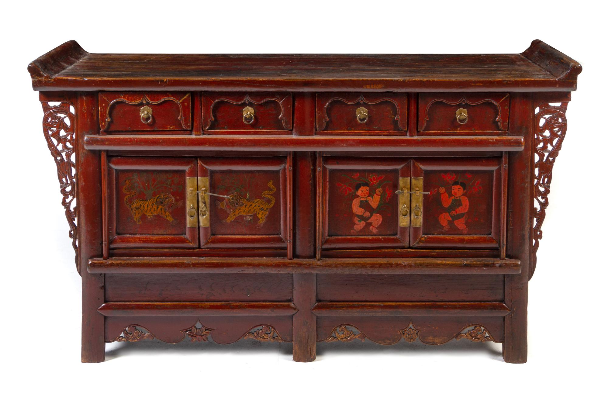 A Chinese Painted Cabinet Height overall 41 1/4 x width 69 3/4 x depth 21 1/2 inches. — LATE 19TH/EARLY 20TH CENTURY