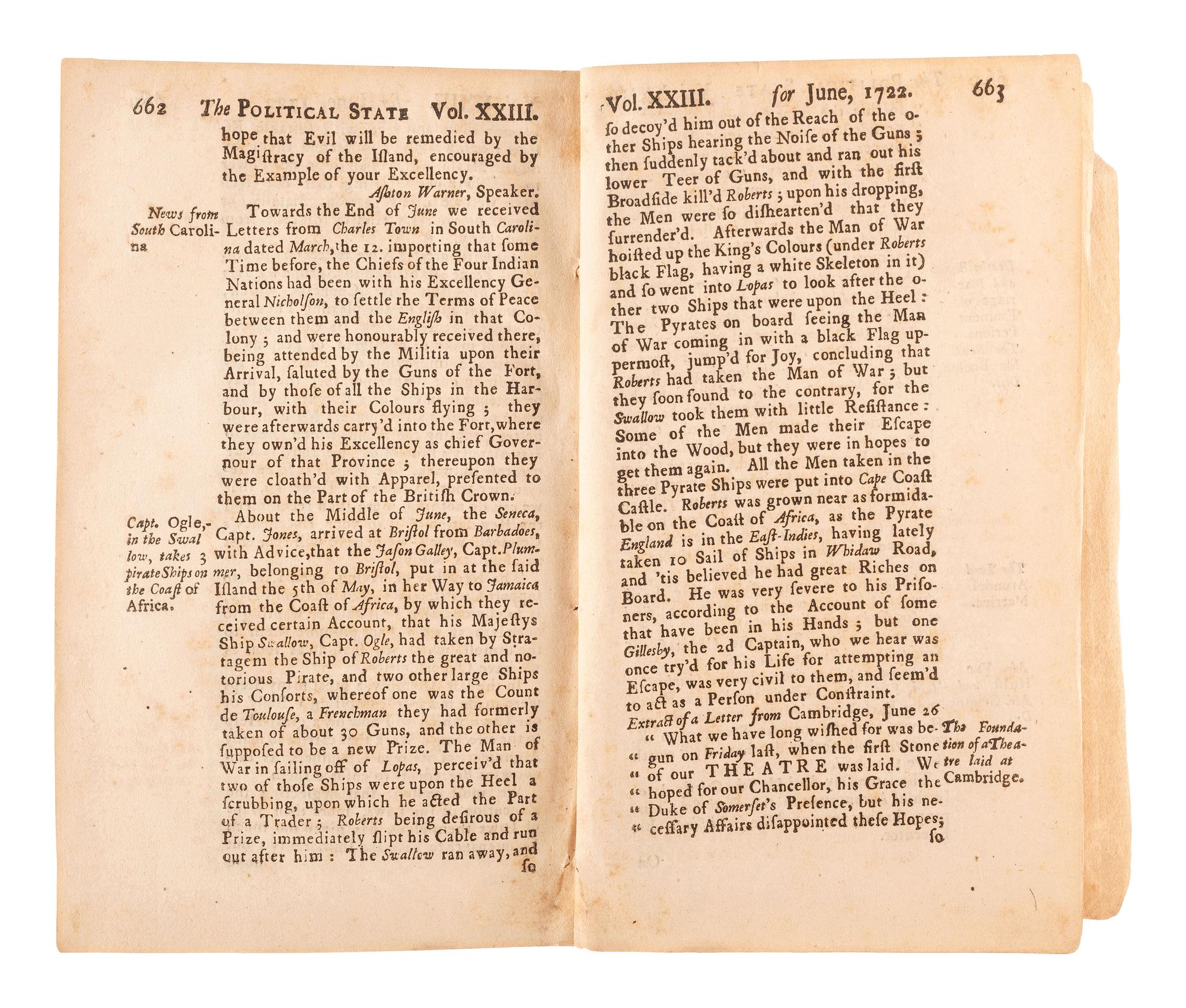 [PIRACY]. The Political State. [London]: N.p., June 1722. Featuring an account of the death of BLACK BART and one of the earliest descriptions of the Jolly Roger pirate flag.