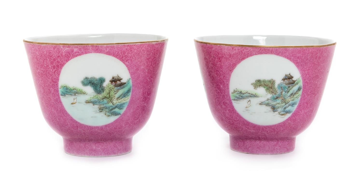 A Pair of Chinese Pink Enameled Sgrafitto Porcelain Wine Cups