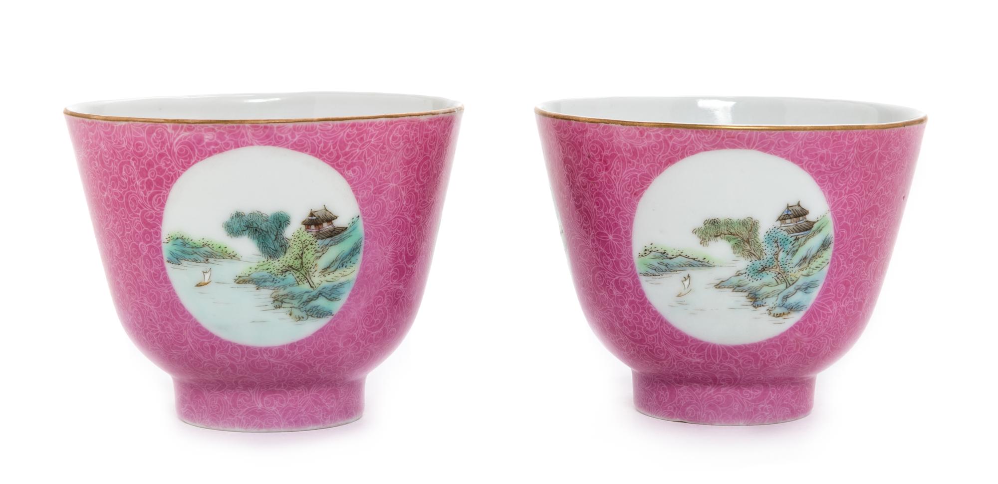 A Pair of Chinese Pink Enameled Sgrafitto Porcelain Wine Cups