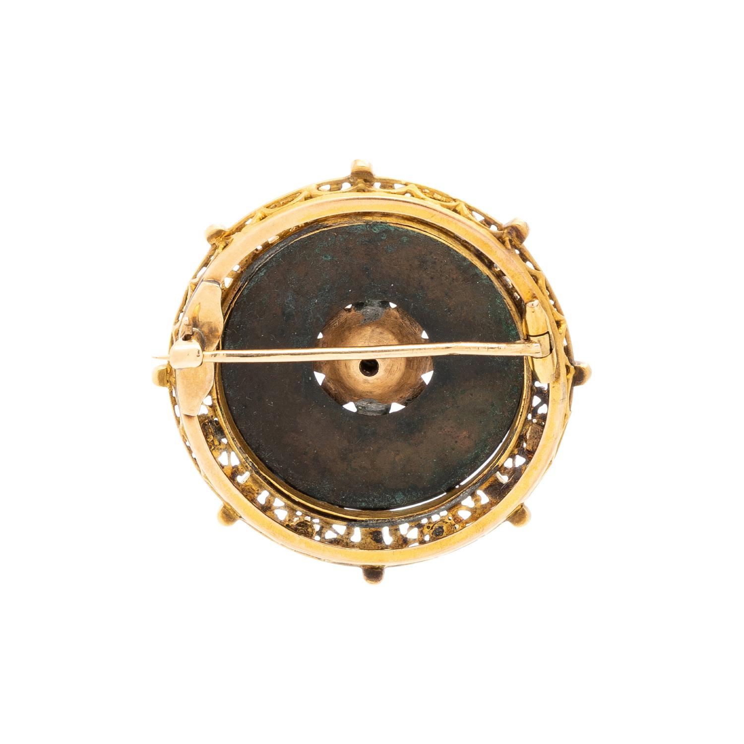 DIAMOND, SEED PEARL, ENAMEL AND YELLOW GOLD BROOCH