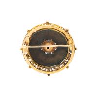 DIAMOND, SEED PEARL, ENAMEL AND YELLOW GOLD BROOCH