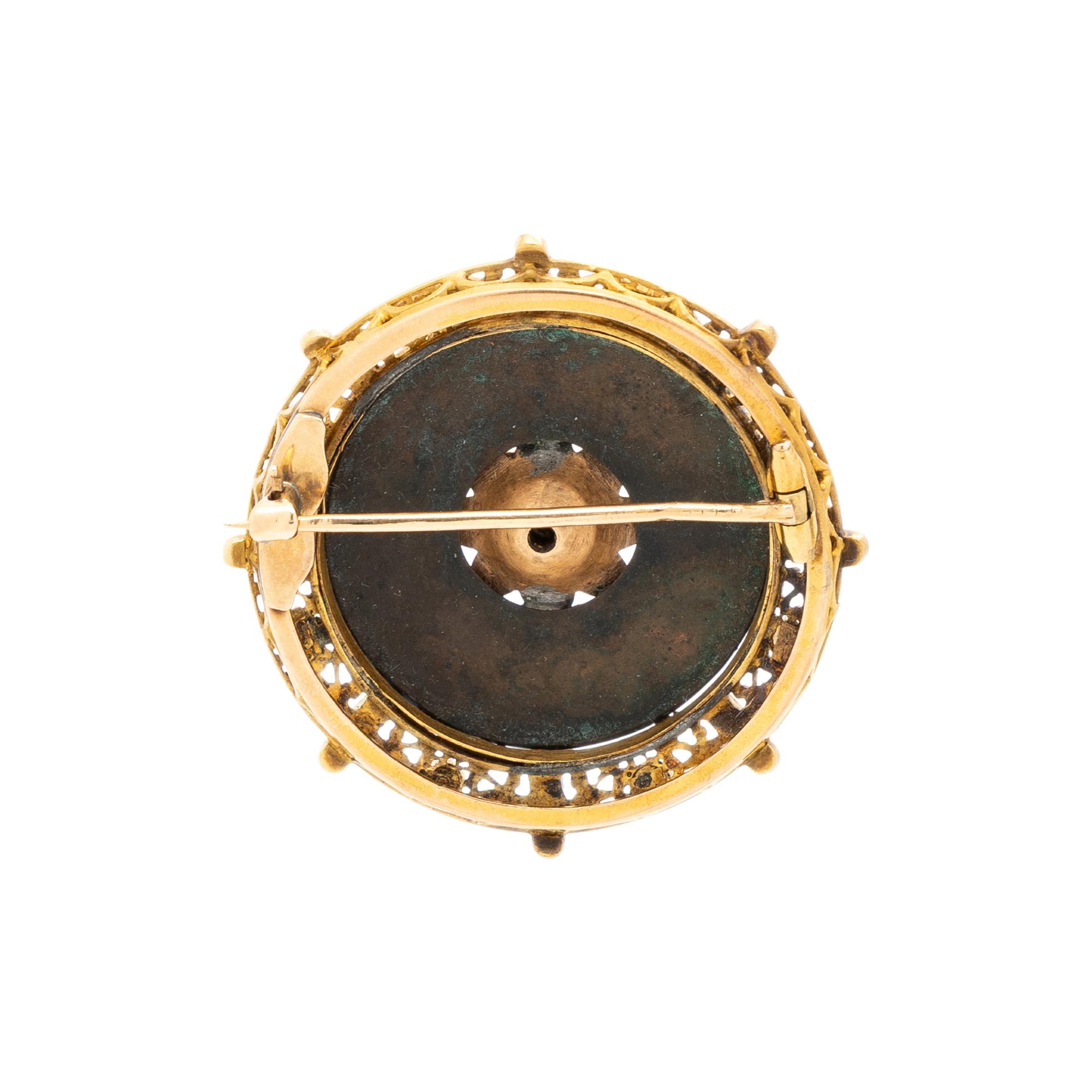 DIAMOND, SEED PEARL, ENAMEL AND YELLOW GOLD BROOCH
