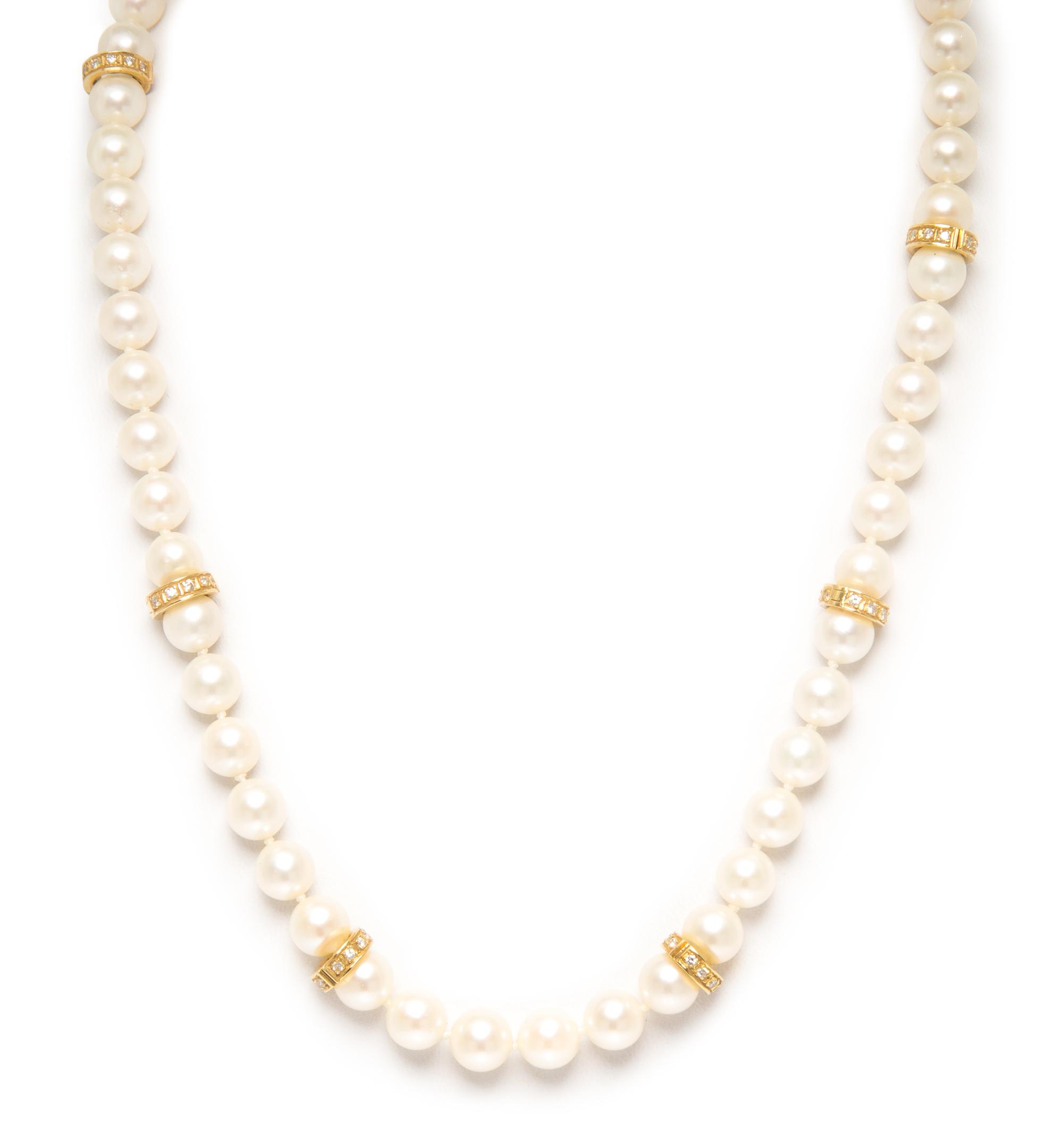 A Yellow Gold, Cultured Pearl and Diamond Necklace, 24.60 dwts.
