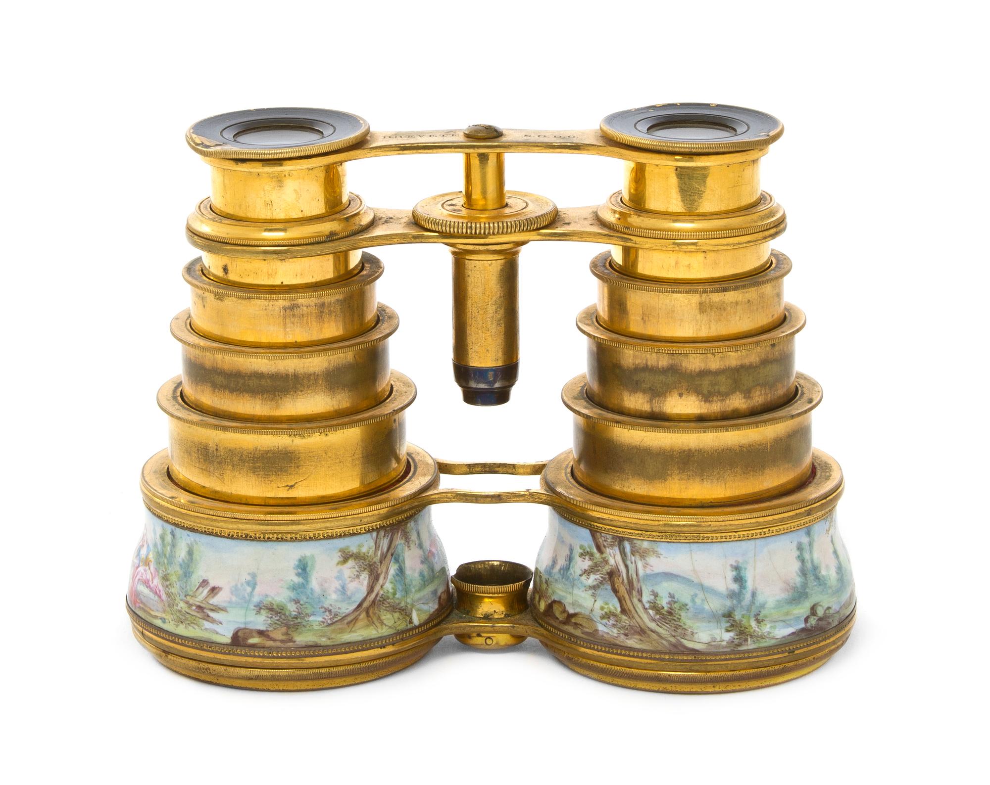 A Pair of French Enameled Opera Glasses, Width 4 1/2 inches.