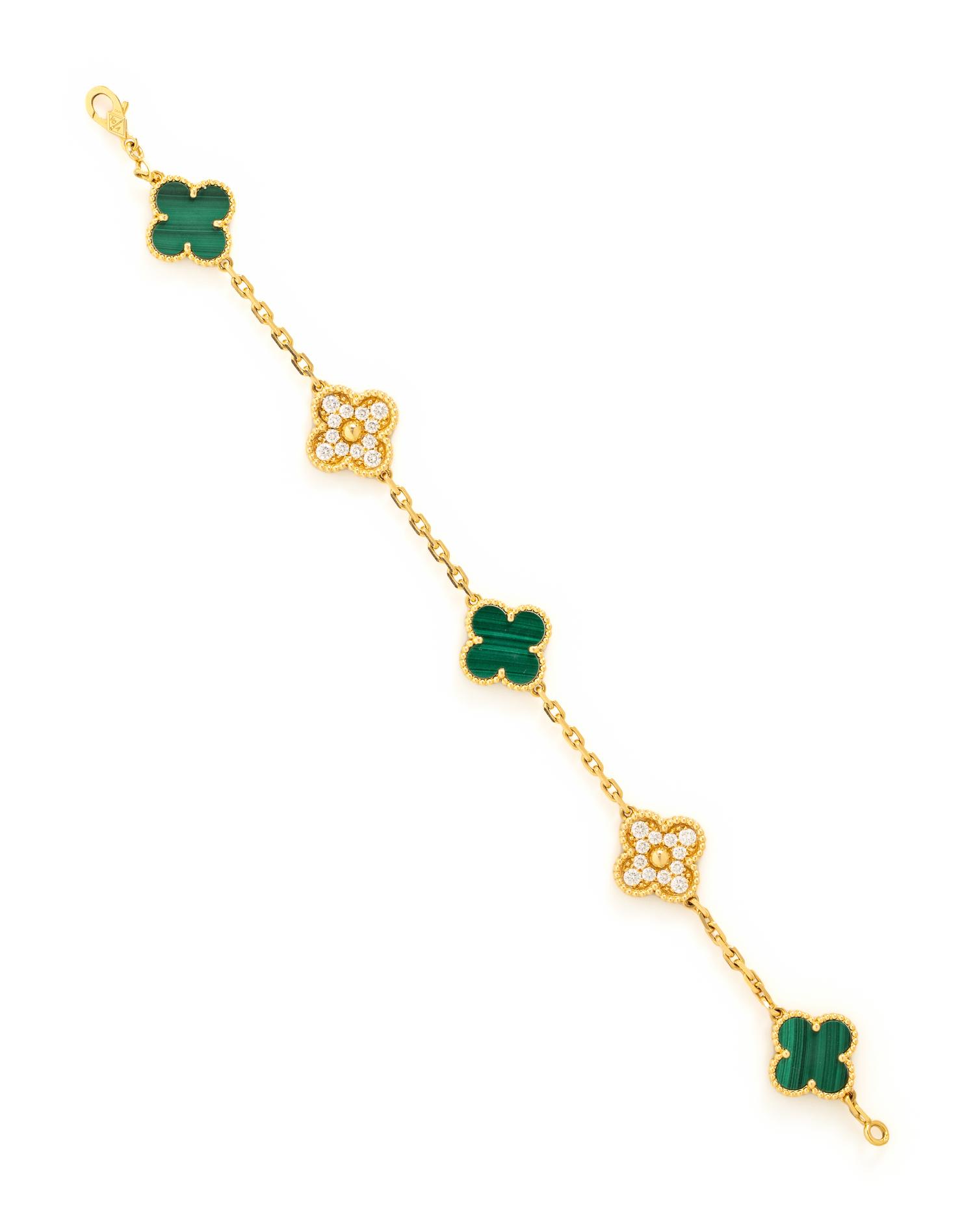 VAN CLEEF AND ARPELS, YELLOW GOLD, MALACHITE, AND DIAMOND 'VINTAGE ALHAMBRA' BRACELET