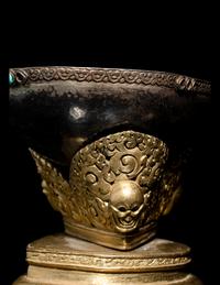 A Tibetan Semi-Precious Stone Inlaid Gilt Bronze and Silver Skull Cup, Kapala