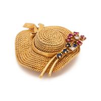 YELLOW GOLD, GEMSTONE AND DIAMOND HAT BROOCH