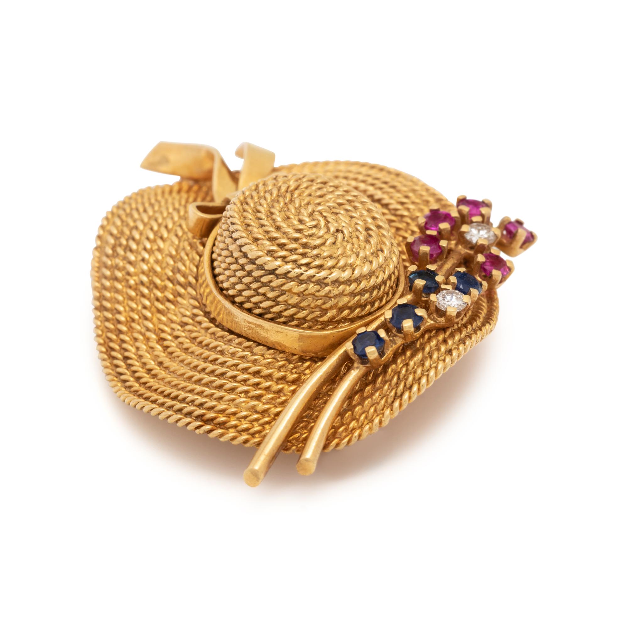 YELLOW GOLD, GEMSTONE AND DIAMOND HAT BROOCH