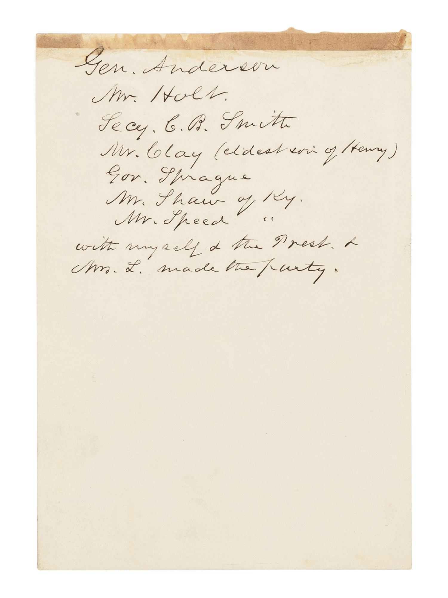 [LINCOLN, Mary Todd (1818-1882)]. Partially engraved invitation to a White House dinner, Washington, D.C., 17 October 1861.