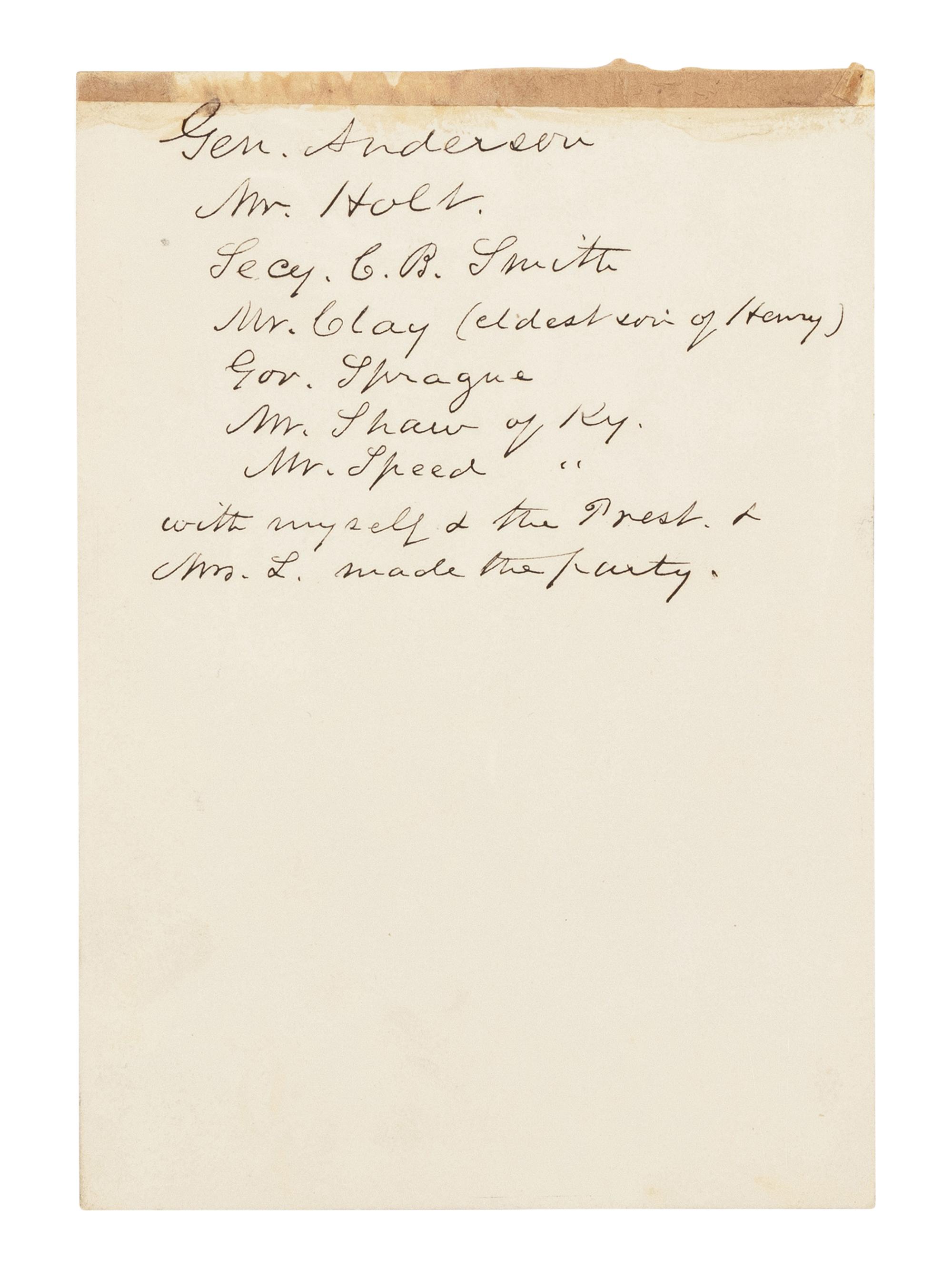 [LINCOLN, Mary Todd (1818-1882)]. Partially engraved invitation to a White House dinner, Washington, D.C., 17 October 1861.