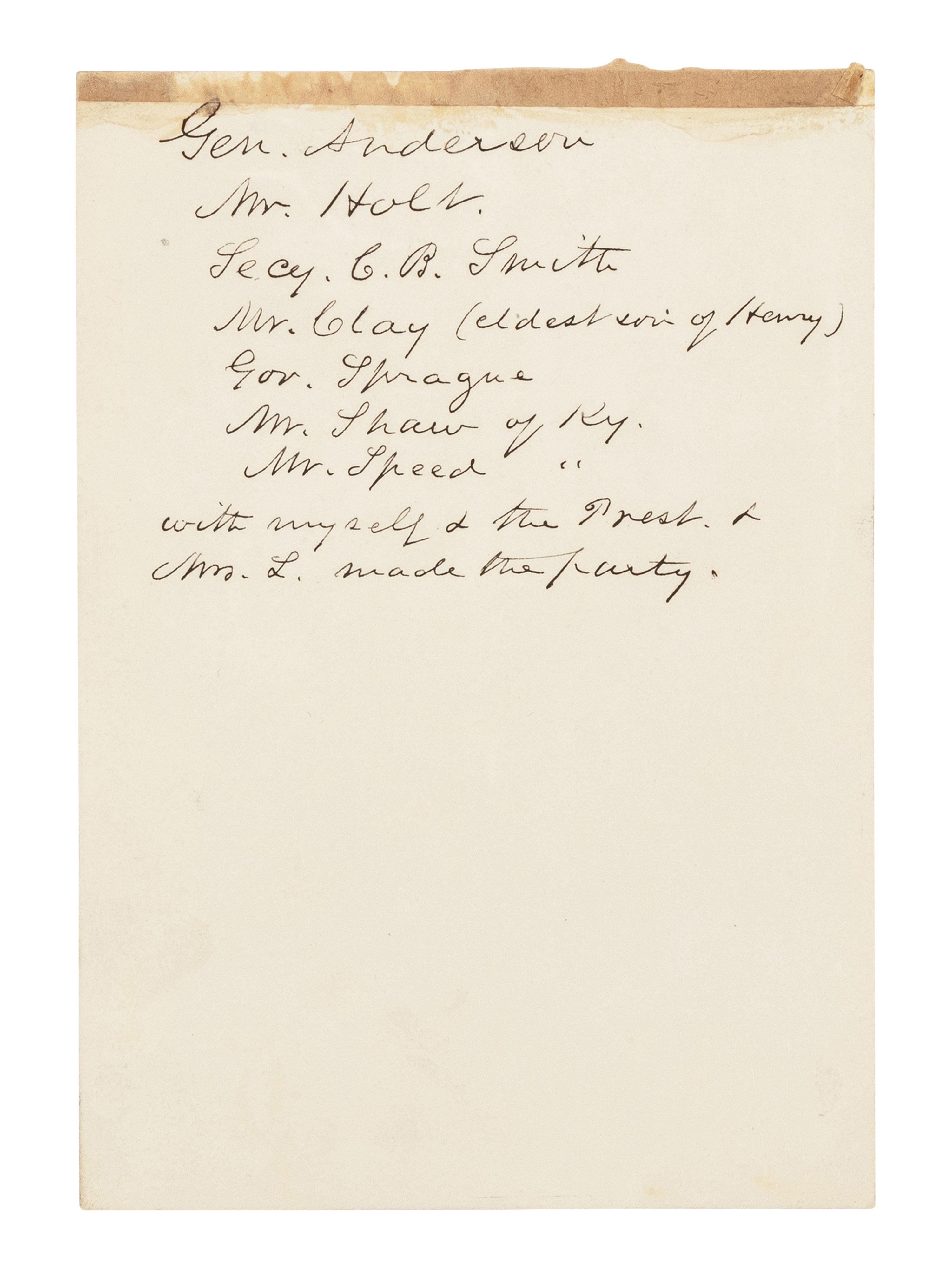 [LINCOLN, Mary Todd (1818-1882)]. Partially engraved invitation to a White House dinner, Washington, D.C., 17 October 1861.