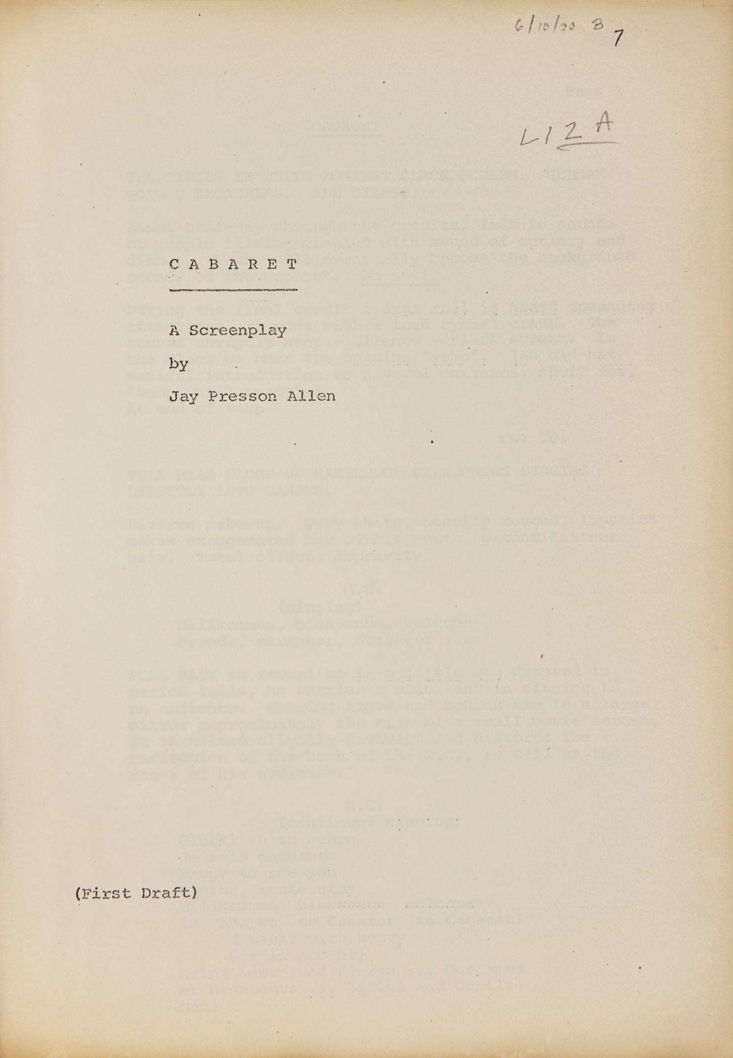 [Entertainment] Allen, Jay Presson. Original Film Script for Cabaret