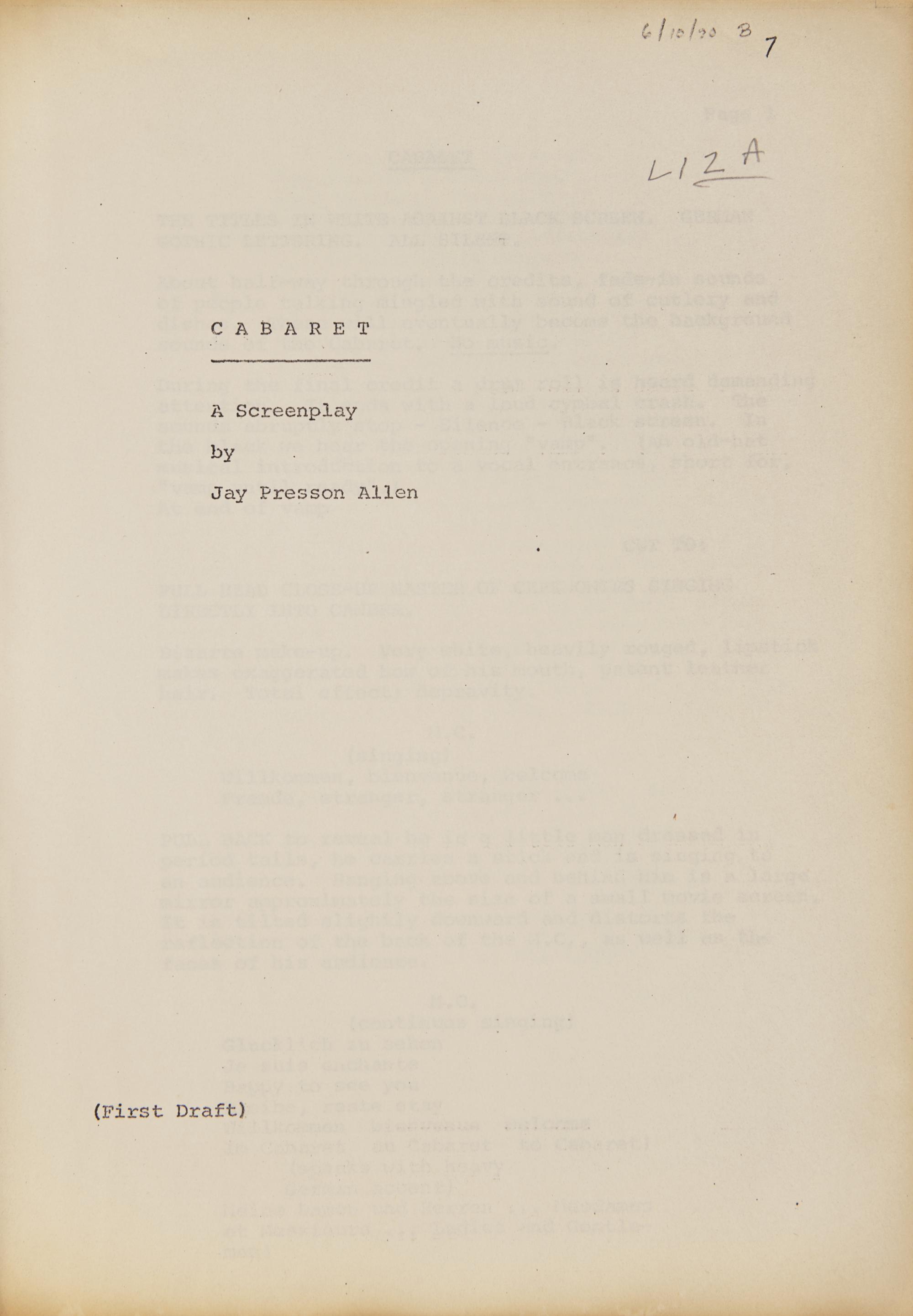 [Entertainment] Allen, Jay Presson. Original Film Script for Cabaret