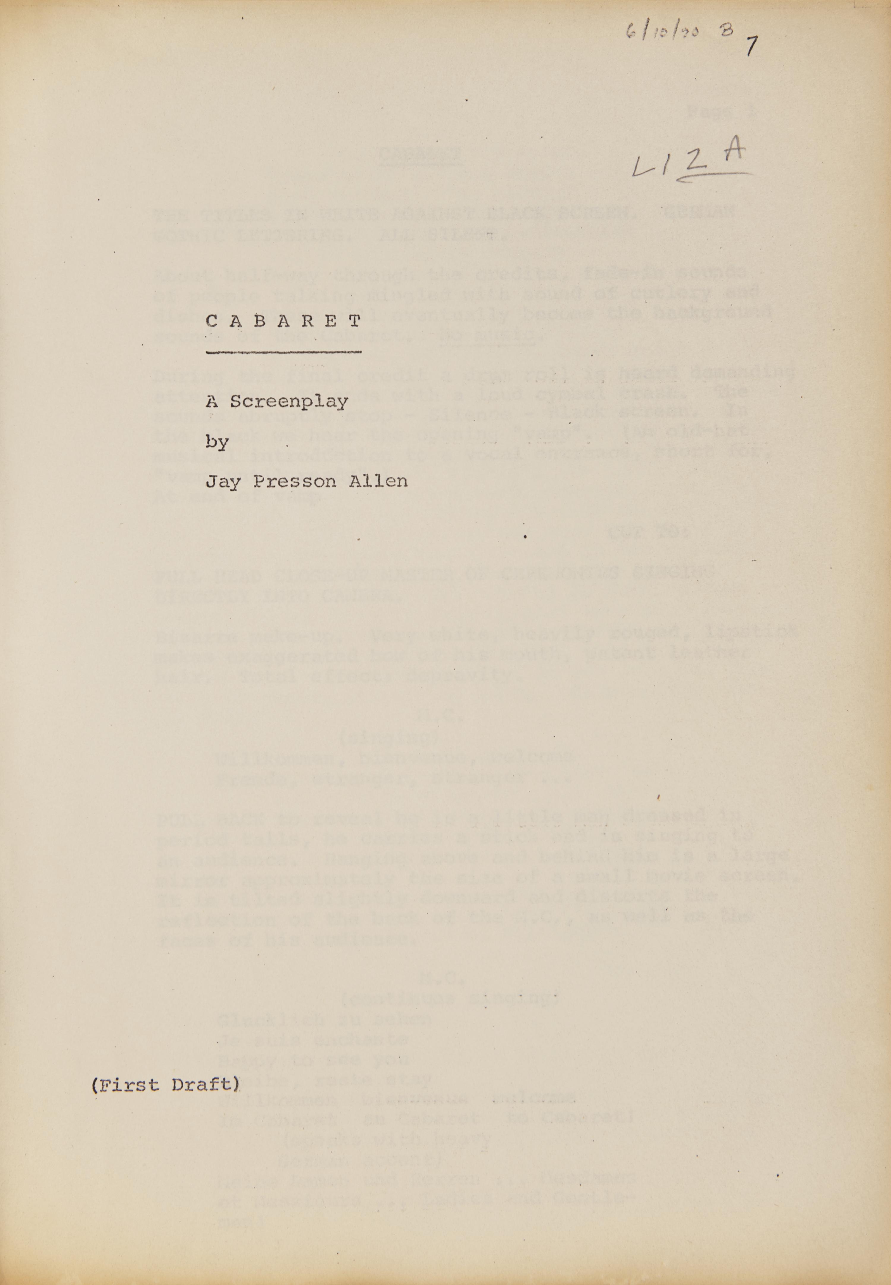[Entertainment] Allen, Jay Presson. Original Film Script for Cabaret