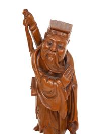 A Pair of Chinese Carved Wood Scholars and a Pair of Carved Green Hardstone Guan Yins