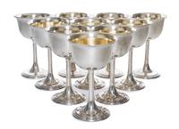 A Set of Ten American Silver Cordials, International Silver Co., Meriden, CT, Mid 20th Century, the circular bowls with flaring rims, r