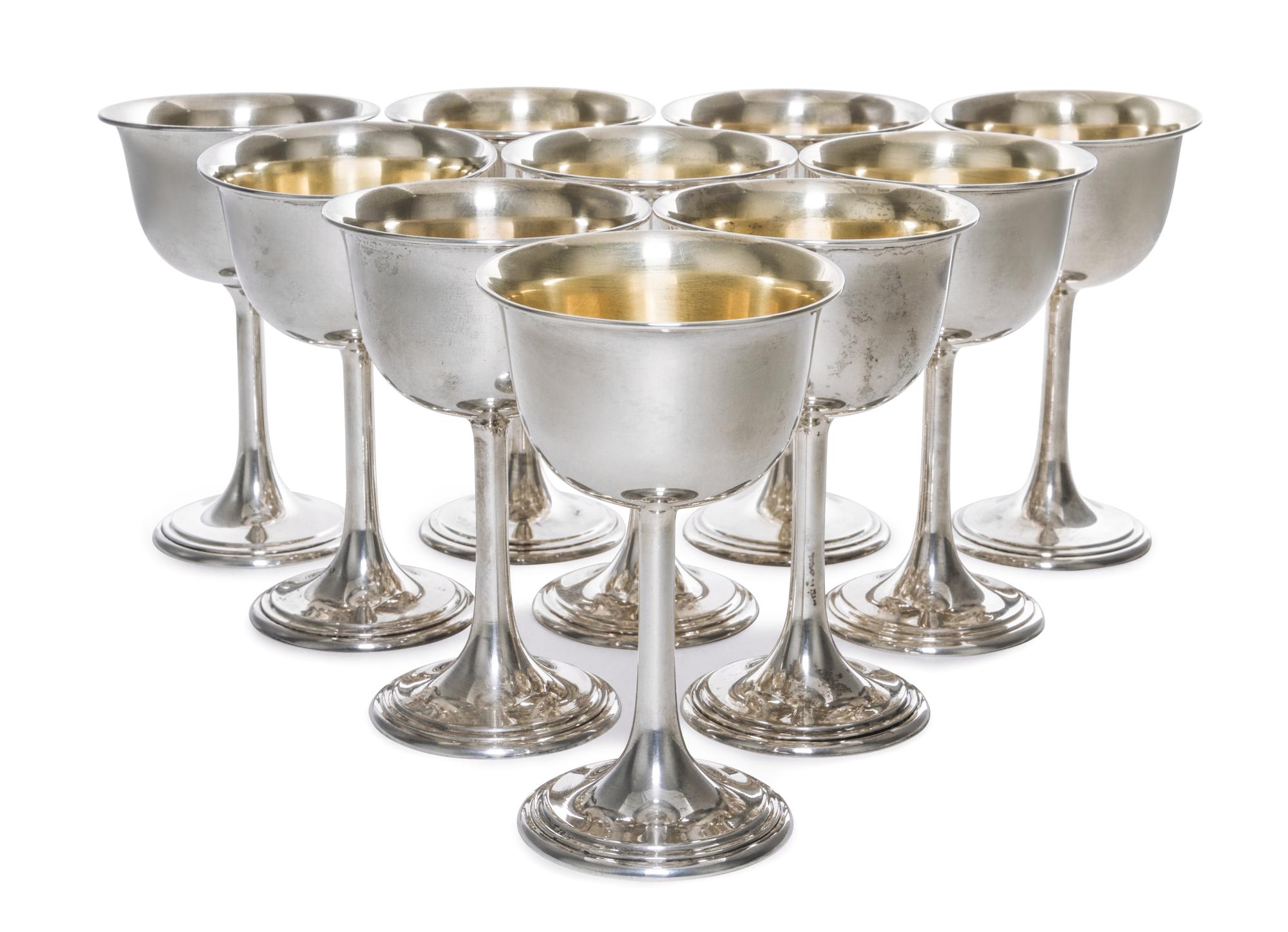 A Set of Ten American Silver Cordials, International Silver Co., Meriden, CT, Mid 20th Century, the circular bowls with flaring rims, r