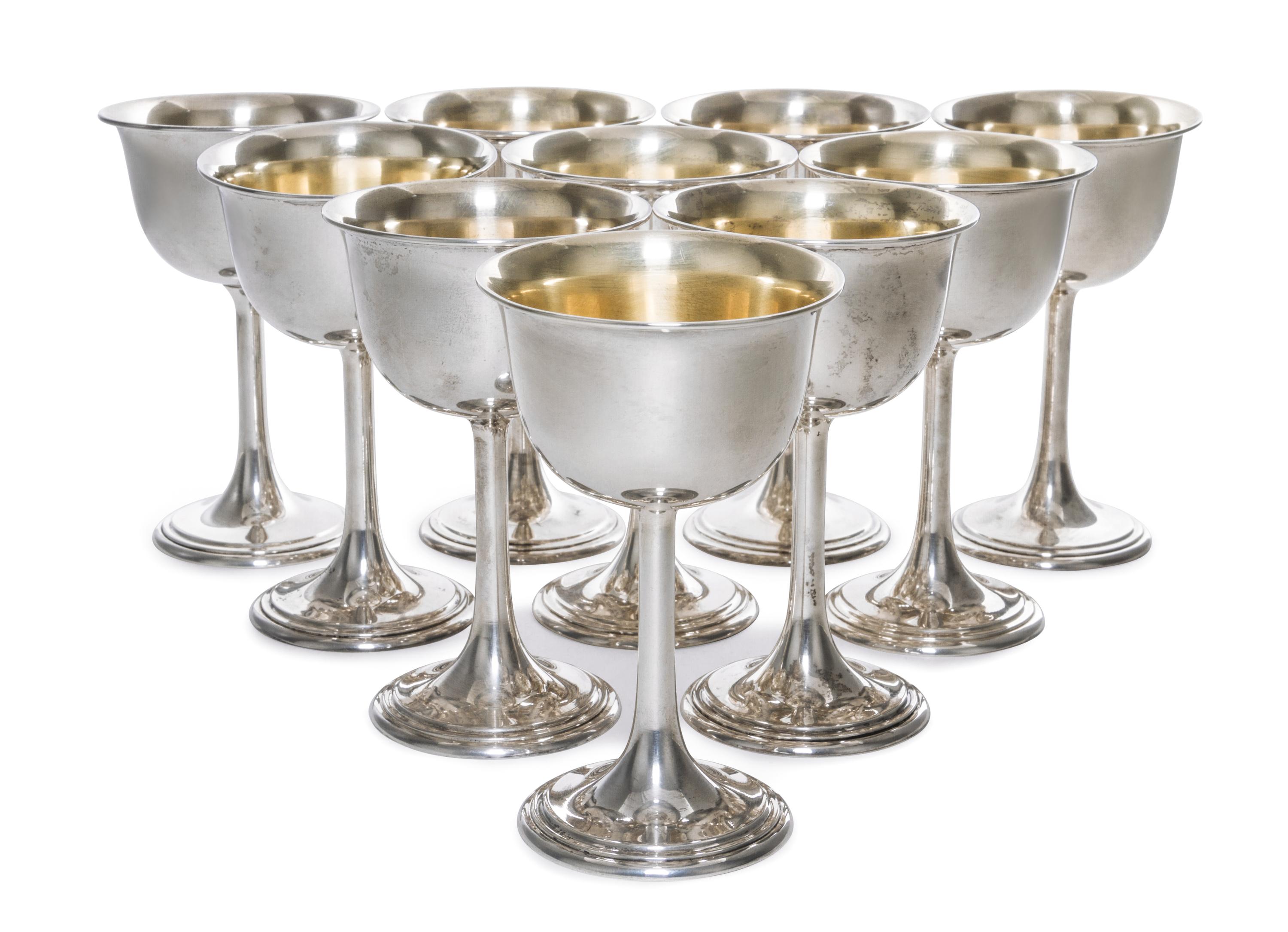 A Set of Ten American Silver Cordials, International Silver Co., Meriden, CT, Mid 20th Century, the circular bowls with flaring rims, r