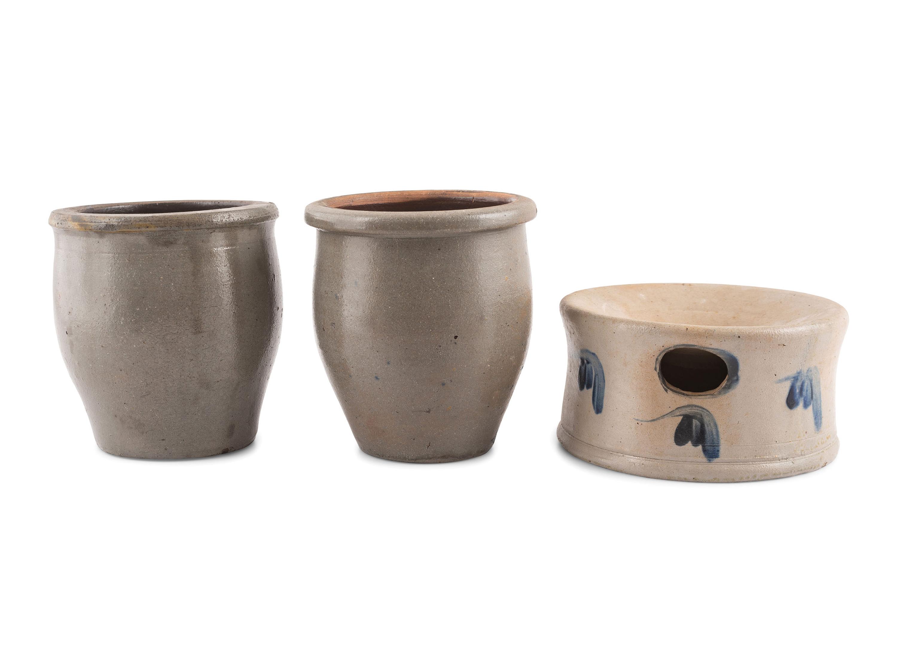 Two Cobalt-Decorated Stoneware Jars and a Spittoon