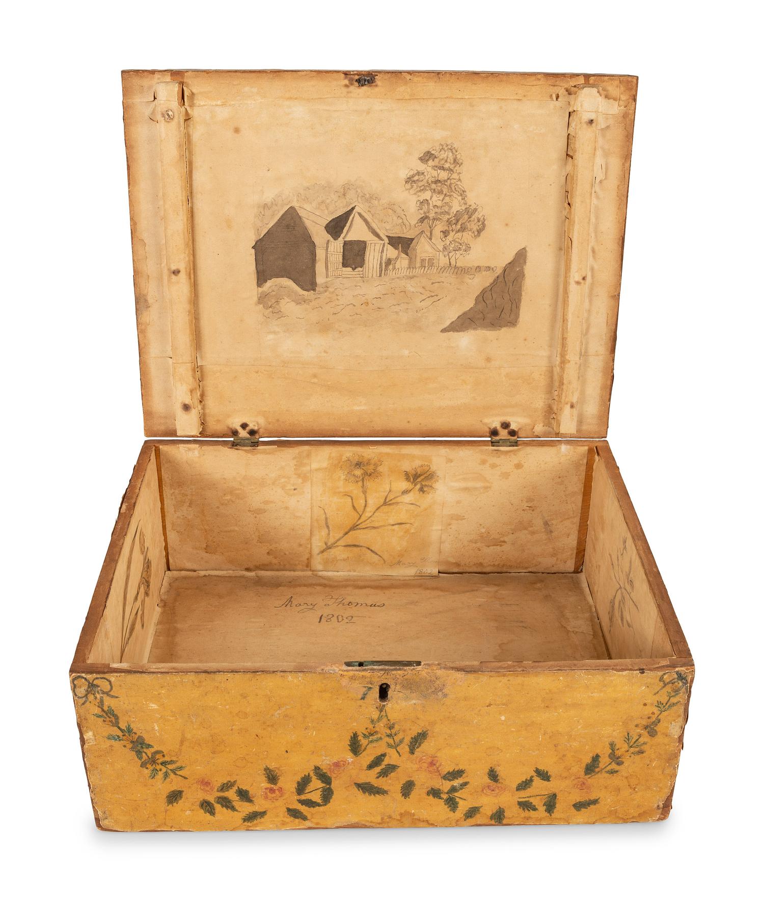 A Yellow Decoupage and Painted Schoolgirl's Box