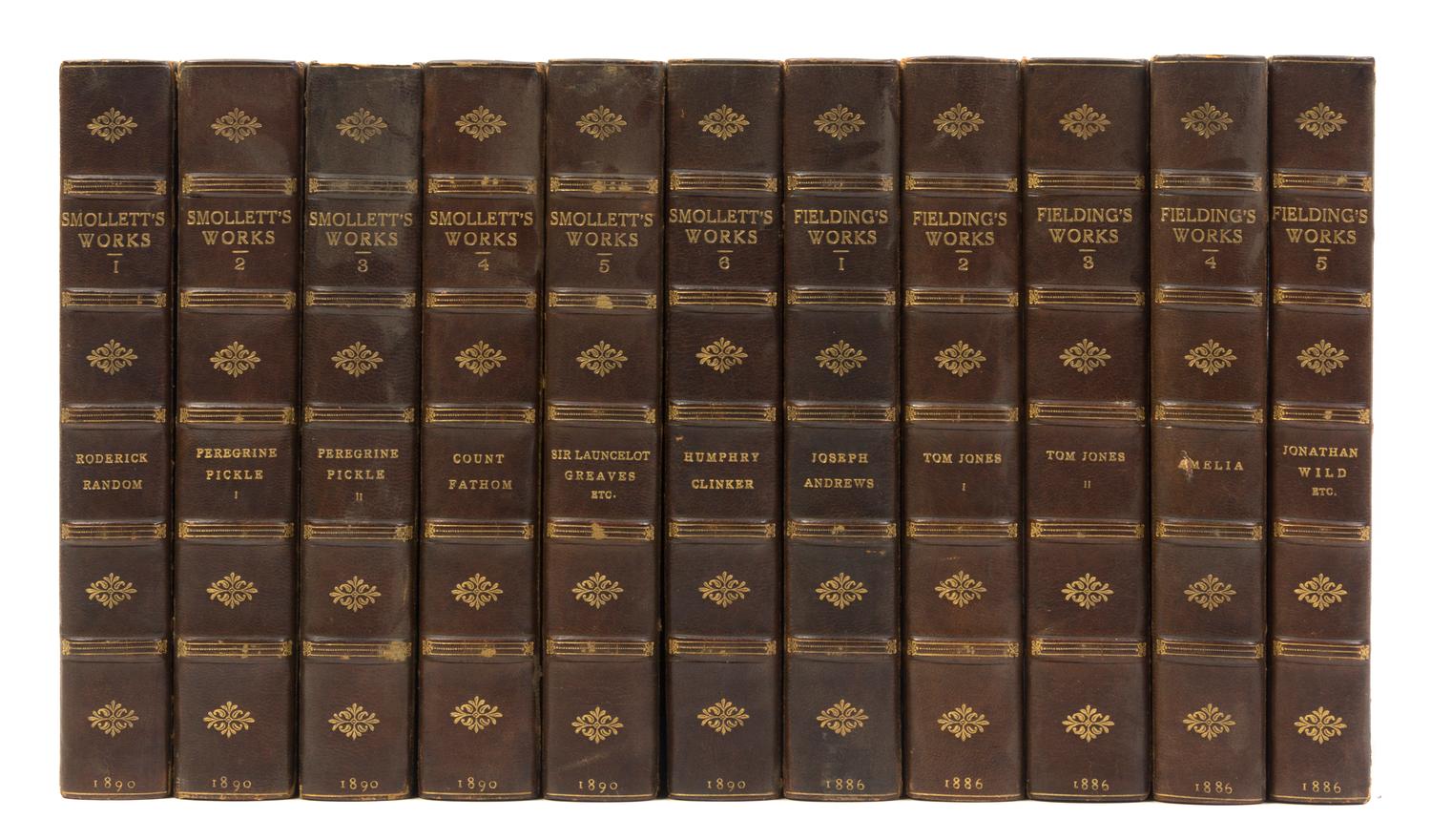 (BINDINGS) SMOLLETT, TOBIAS AND HENRY FIELDING. Fielding's Works, 5 vols., together with Smollett's Works, 6 vols. London, 1886, 1890.