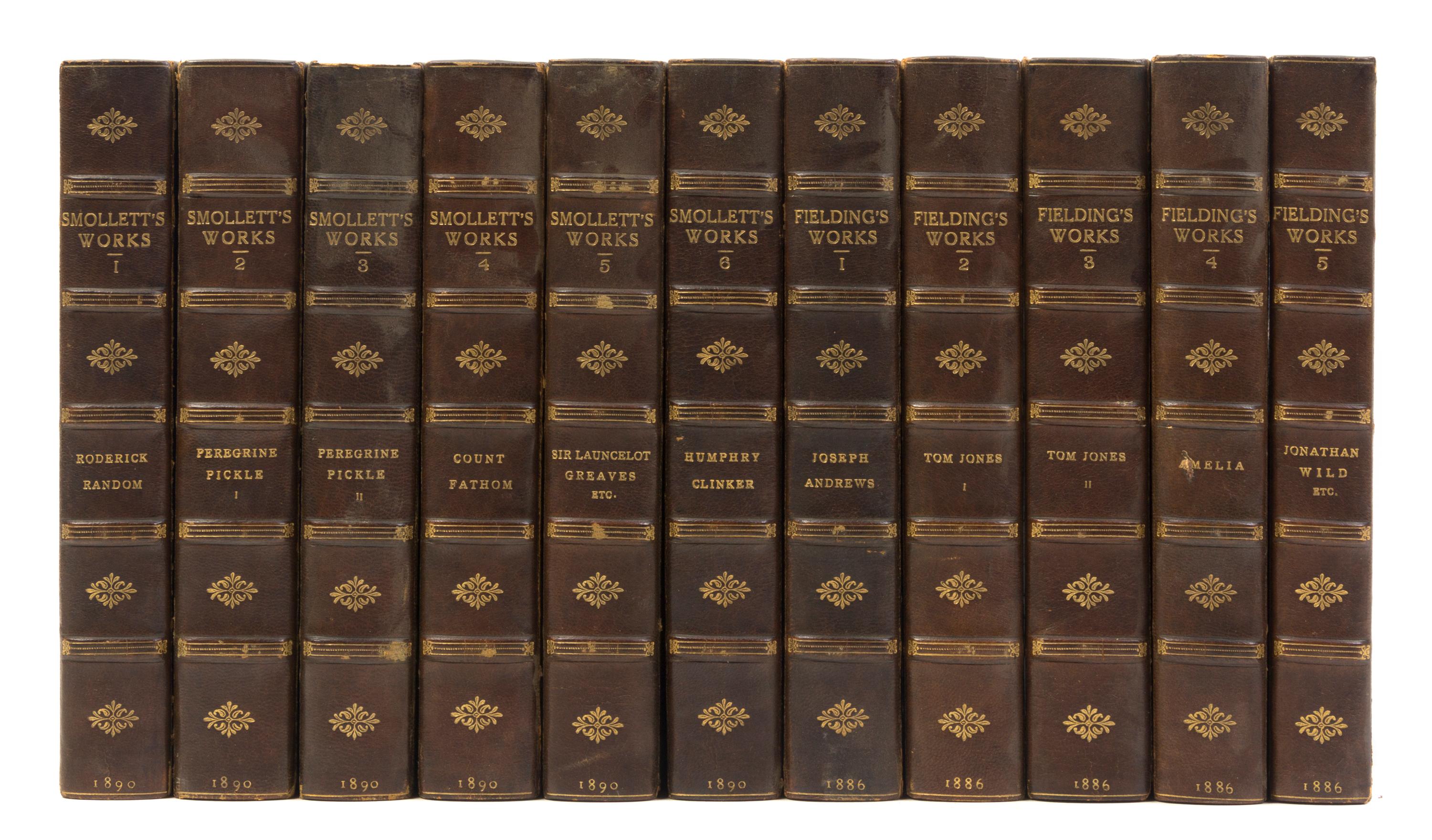 (BINDINGS) SMOLLETT, TOBIAS AND HENRY FIELDING. Fielding's Works, 5 vols., together with Smollett's Works, 6 vols. London, 1886, 1890.