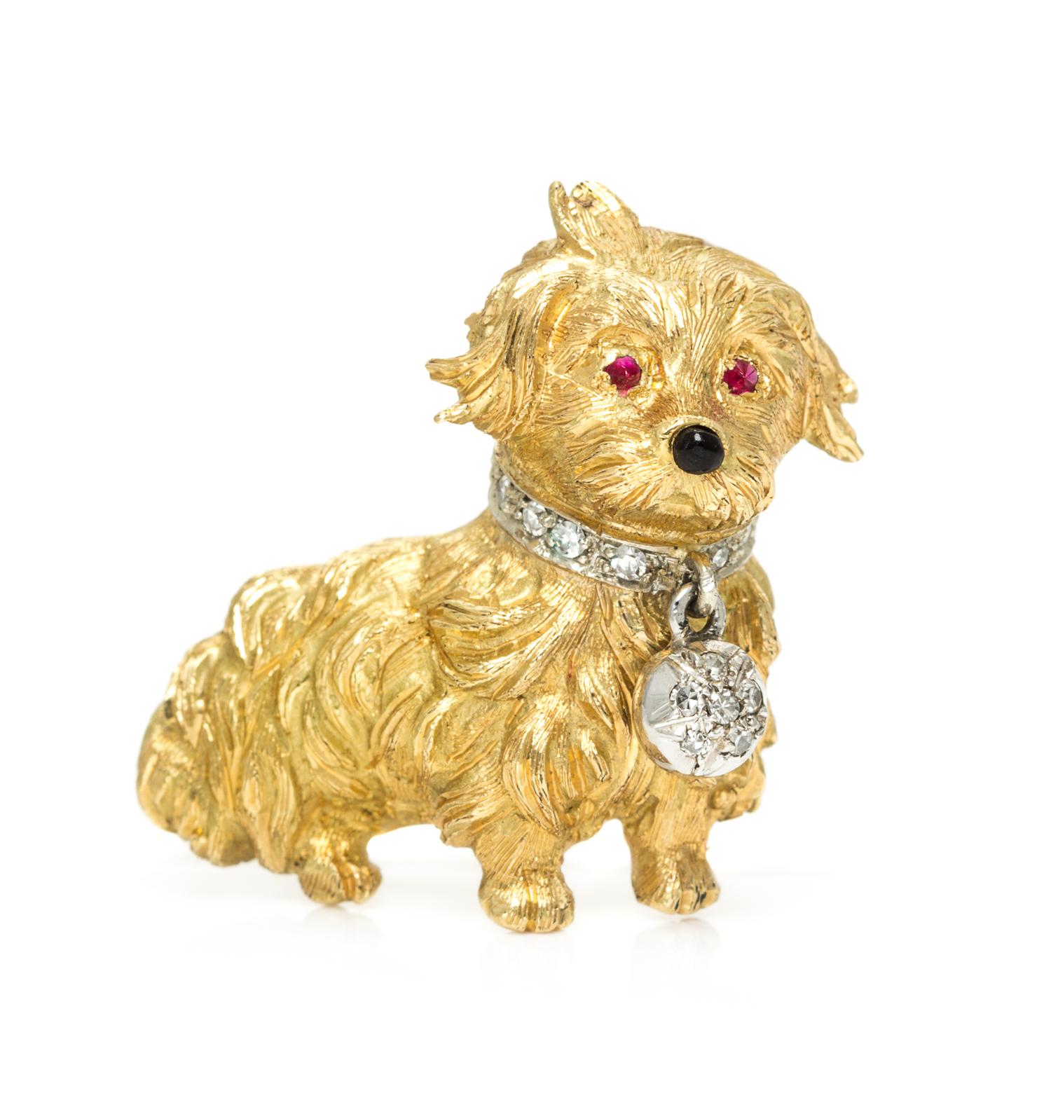 An 18 Karat Yellow Gold, Ruby and Diamond Dog Brooch, 5.70 dwts.