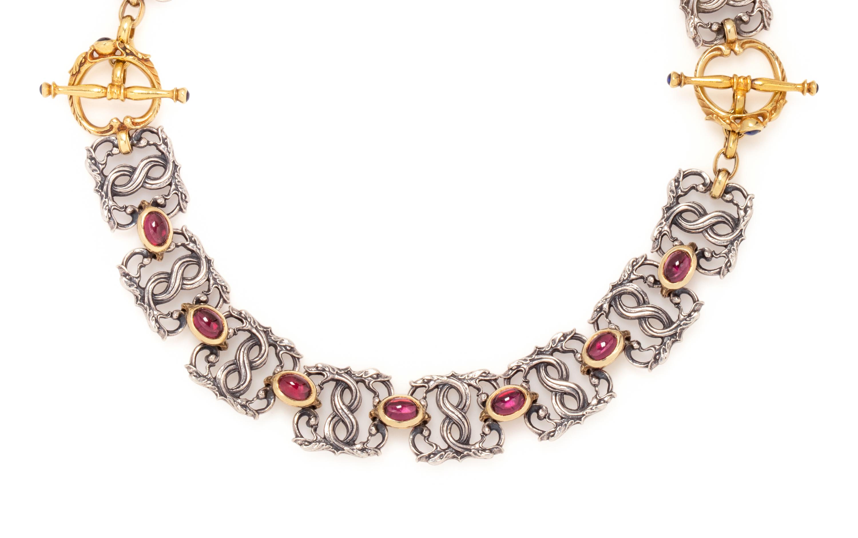 PAUL LANTUCH, PAIR OF STERLING SILVER, YELLOW GOLD AND GARNET BRACELETS