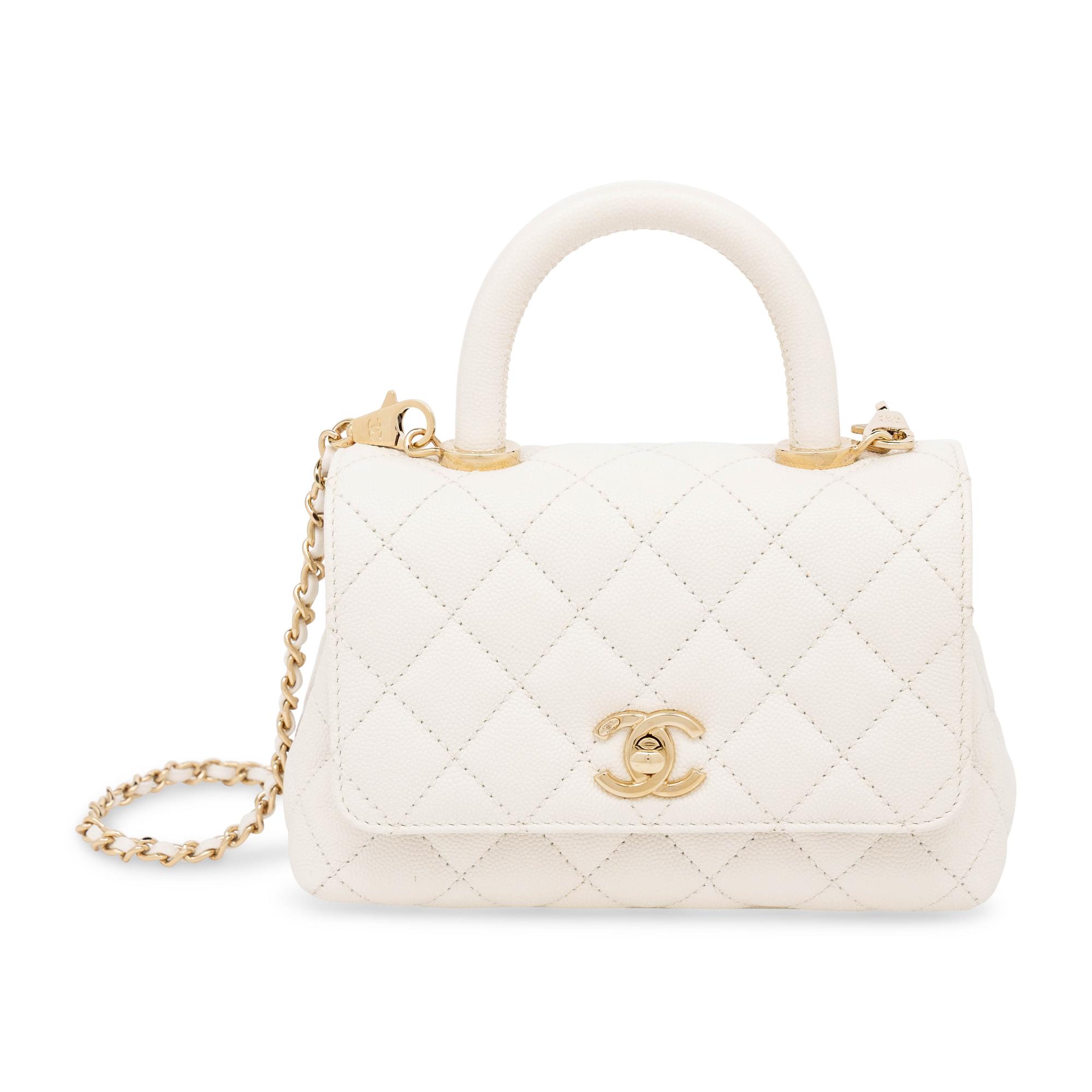 Chanel, Mini Top Handle Flap Bag in White Caviar Leather