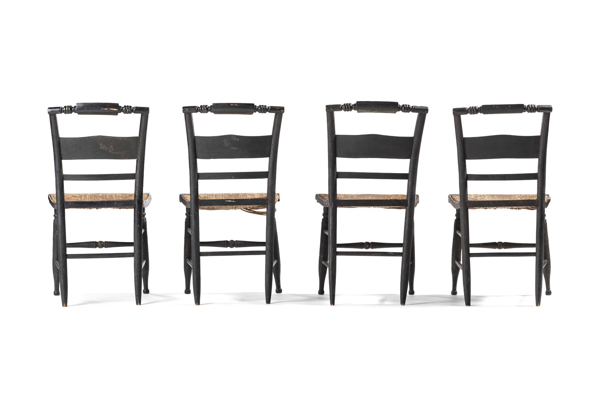 A Set of Four Stencil and Parcel Gilt Decorated Rush-Seat Hitchcock Side Chairs