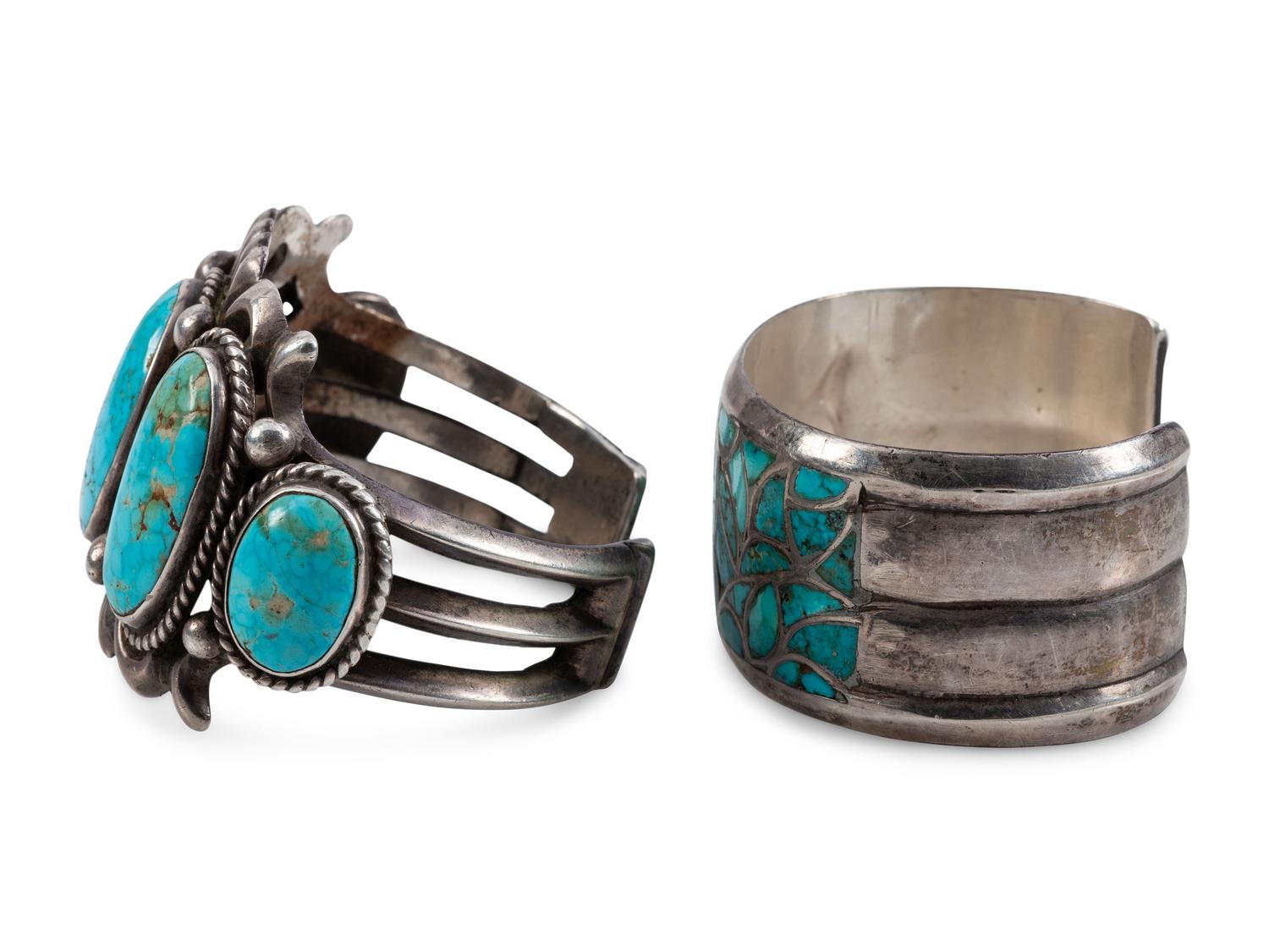 Pair of Navajo and Zuni Silver and Turquoise Cuff Bracelets