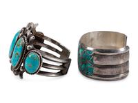 Pair of Navajo and Zuni Silver and Turquoise Cuff Bracelets