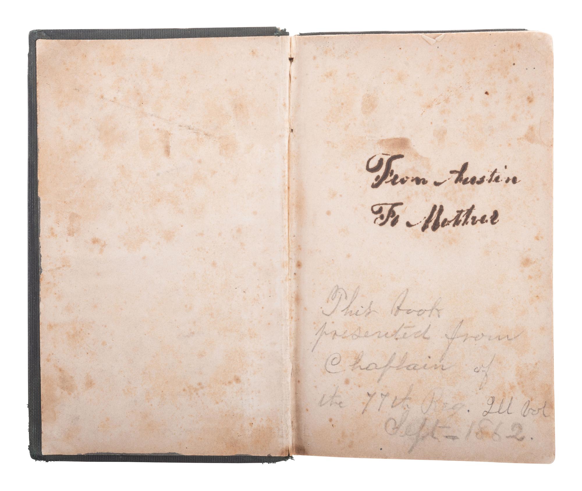 [CIVIL WAR]. 2 pocket New Testaments identified to Austin Walker, 77th Illinois Infantry, WIA.