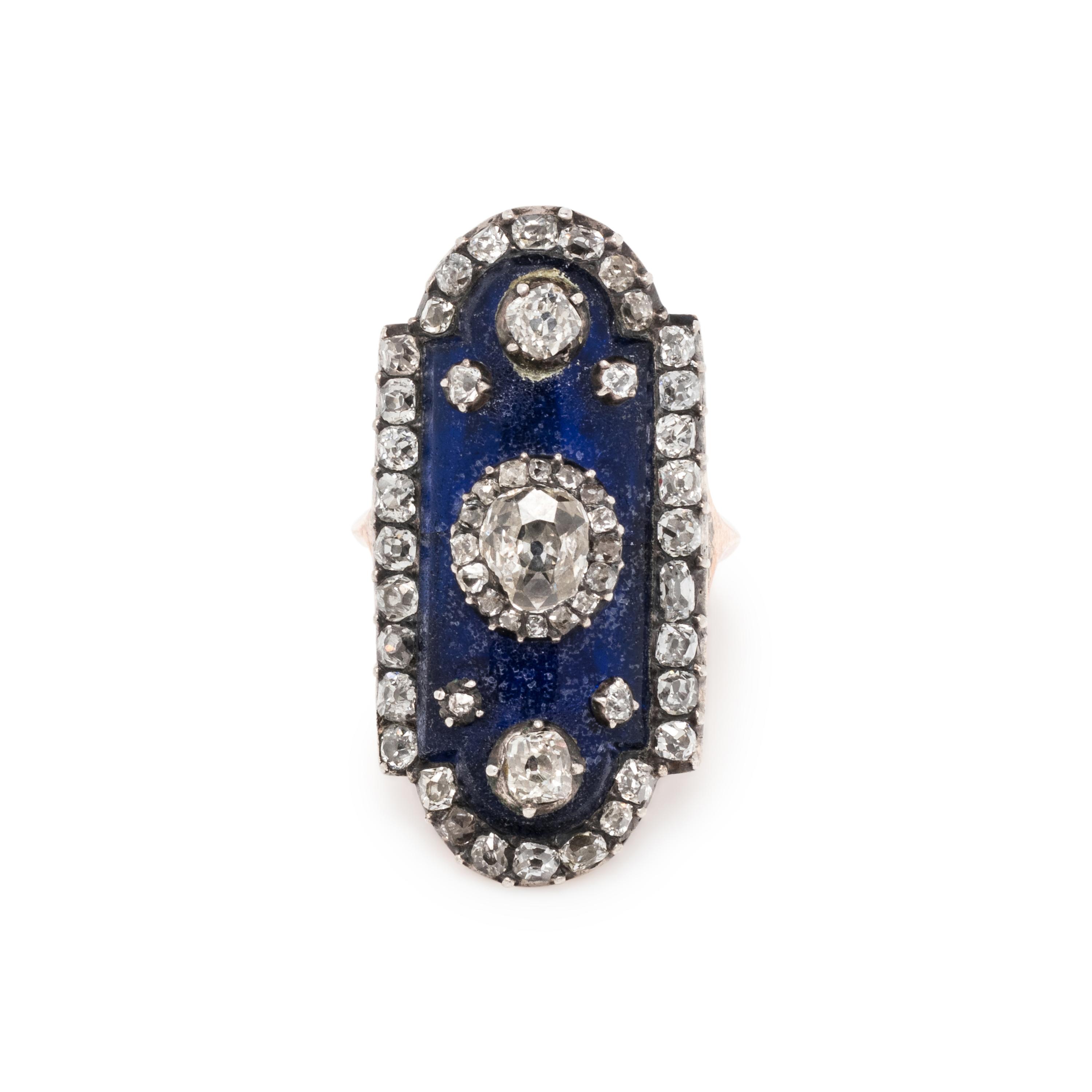 ANTIQUE, DIAMOND AND BLUE GLASS RING