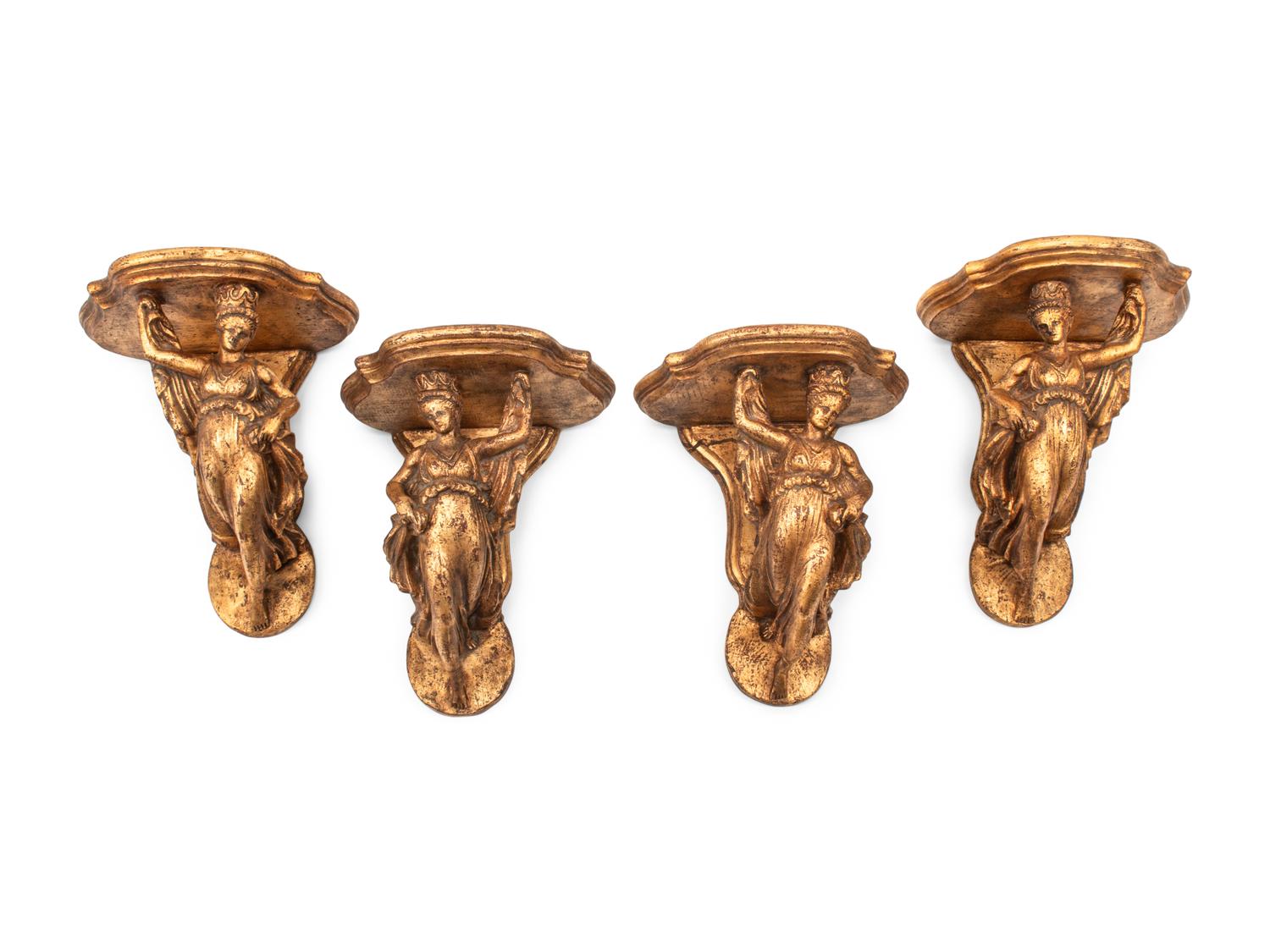 A Set of Four Italian Carved Giltwood Figural Wall Brackets