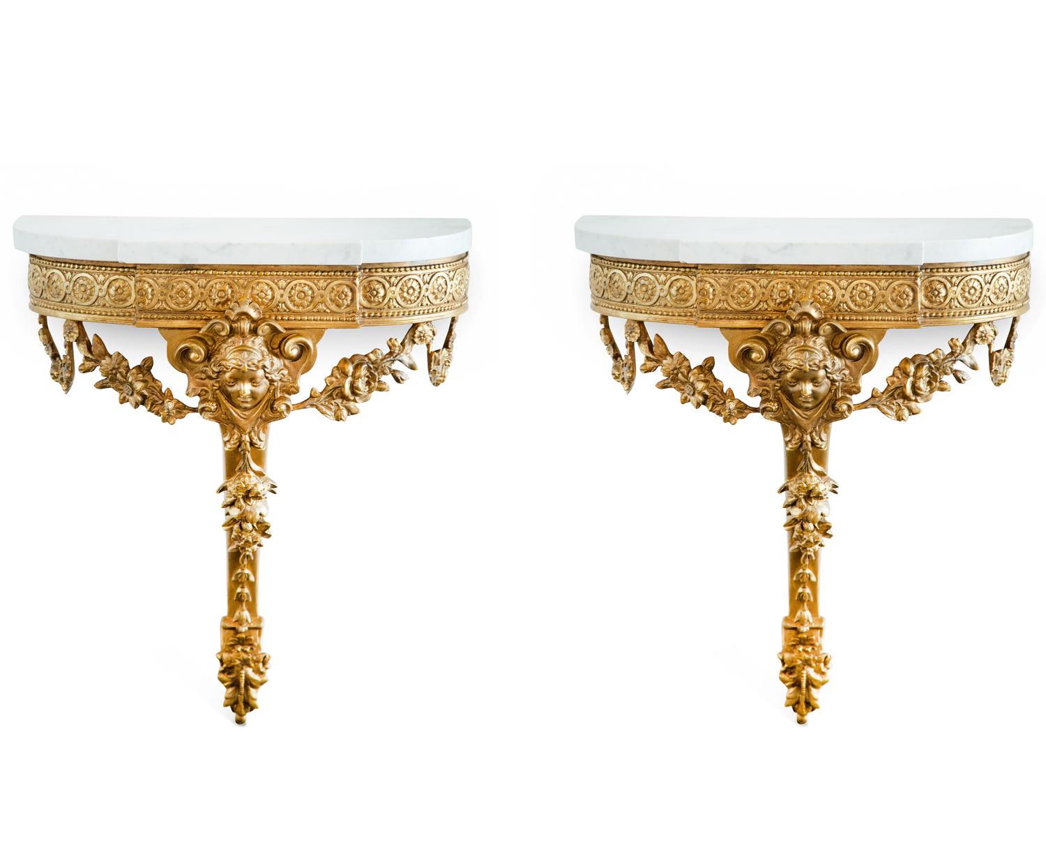 A Pair of Neoclassical Style Giltwood Marble-Top Console Tables — 19th Century