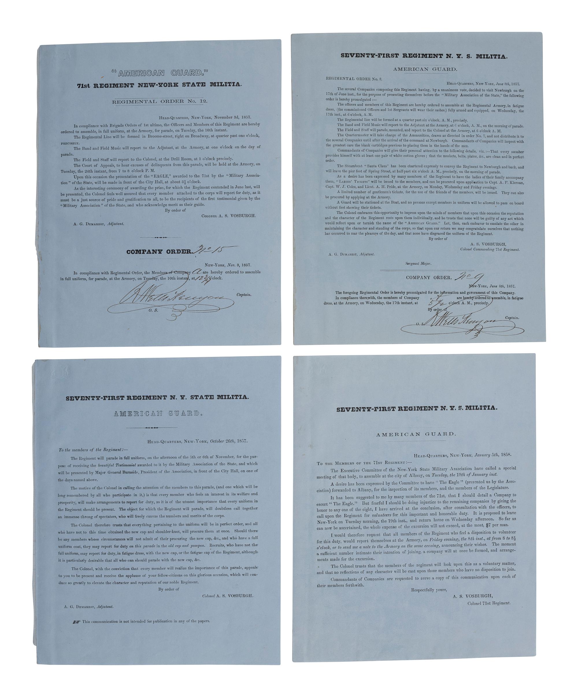 [ANTEBELLUM PERIOD]. Archive of 25 documents and imprints related to the 71st Infantry Regiment, New York State Militia, or "American Guard." Ca 1854-1858.
