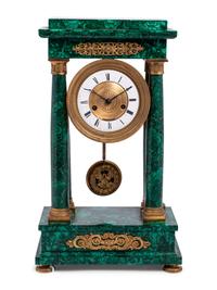 A Continental Gilt Bronze Mounted Malachite Veneered Portico Clock