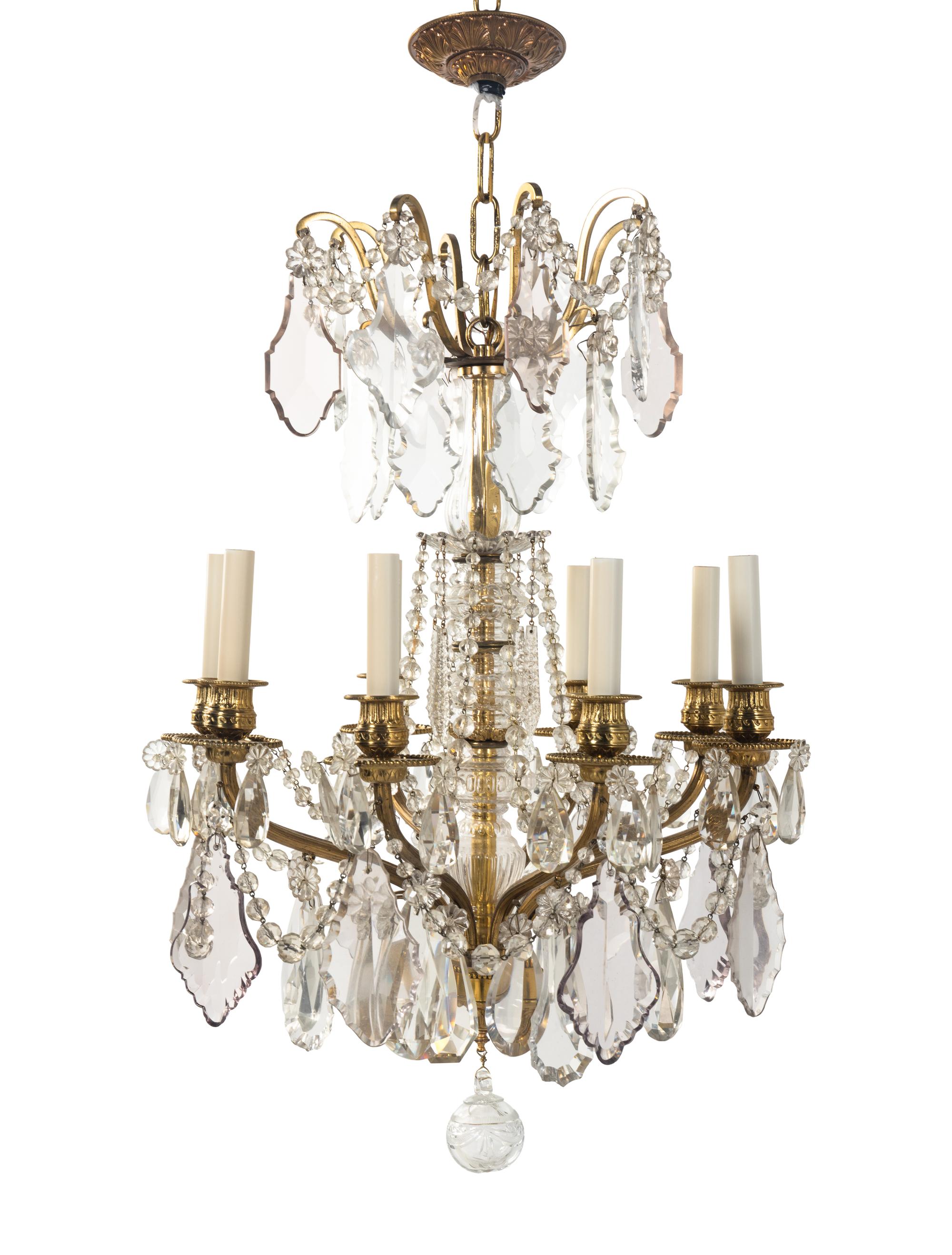A Continental Gilt Brass and Cut Glass Eight-Light Chandelier