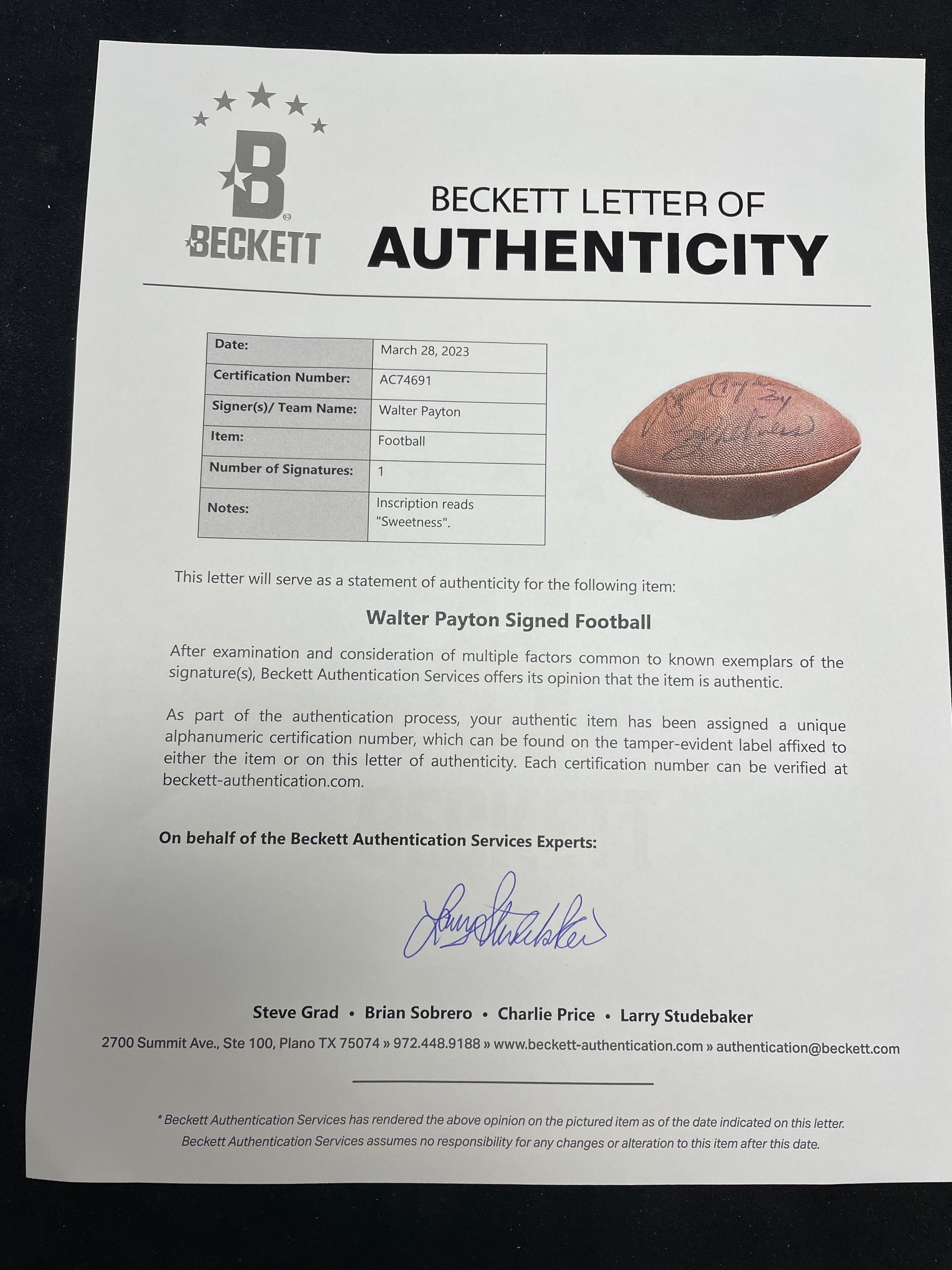 A Walter Payton Single Signed Autograph Wilson NFL Football With Sweetness Inscription (Beckett Authentication Services Letter),