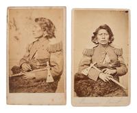 JACKSON, William Henry (1843-1942)]. Two CDVs of a Pawnee scout holding a tomahawk. Omaha, NE.