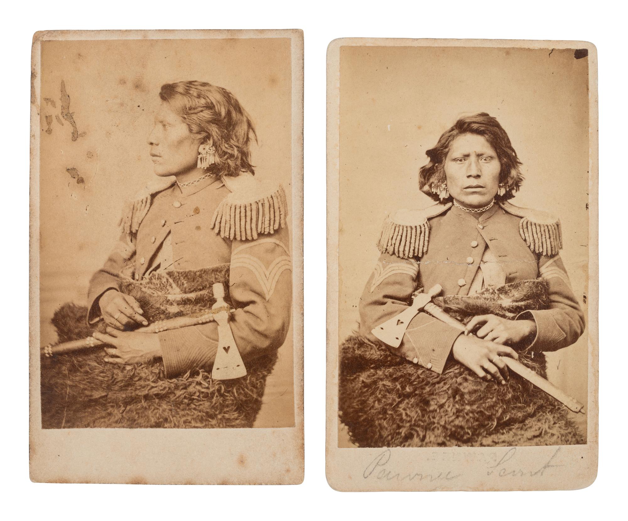 JACKSON, William Henry (1843-1942)]. Two CDVs of a Pawnee scout holding a tomahawk. Omaha, NE.