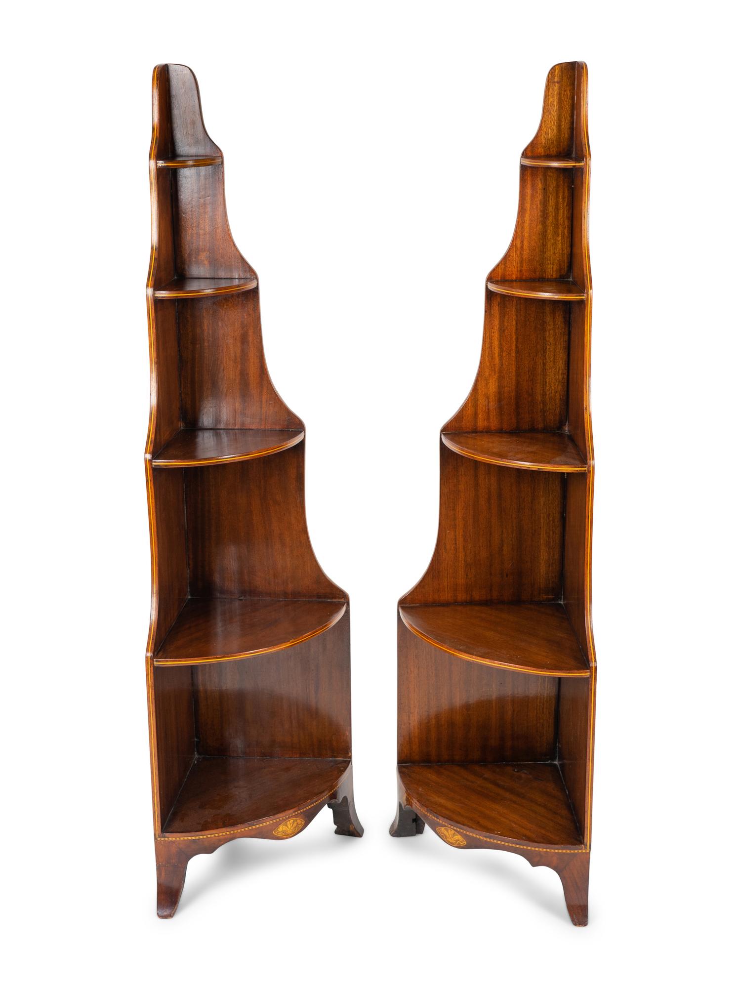 A Pair of George III Satinwood Inlaid Mahogany Five-Tier Corner Etageres — 19TH CENTURY