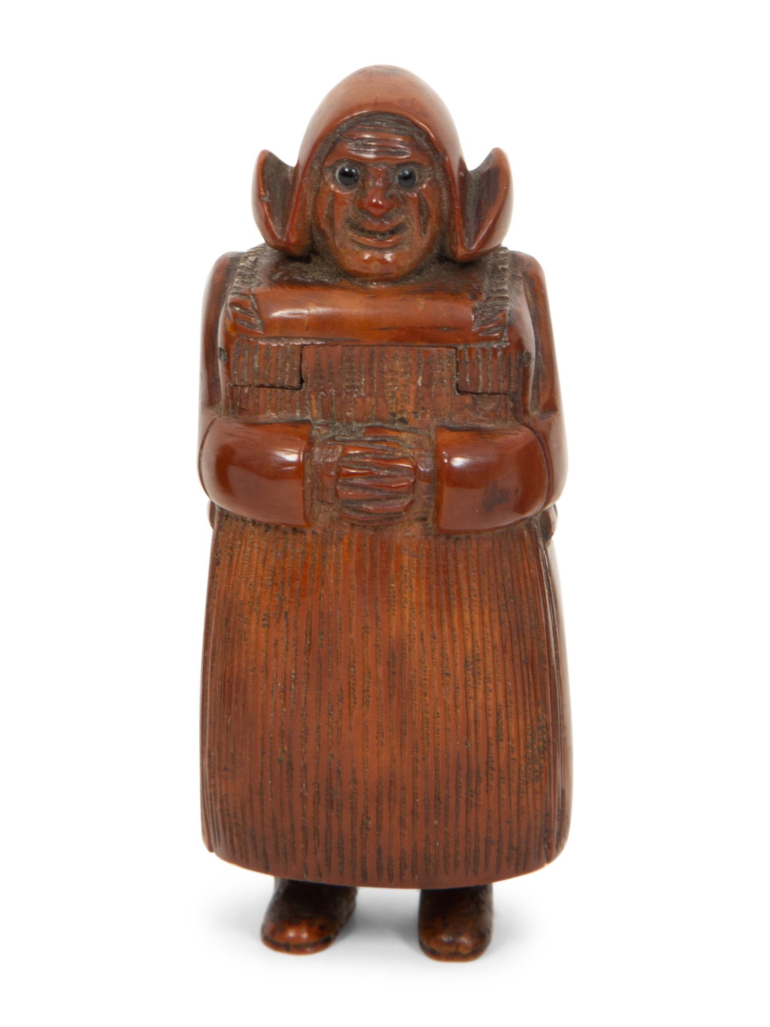 A Scottish Mauchline Ware Table Snuff Box, a French Pressed Wood Box and a Carved Dutch Girl Figural Snuff Box