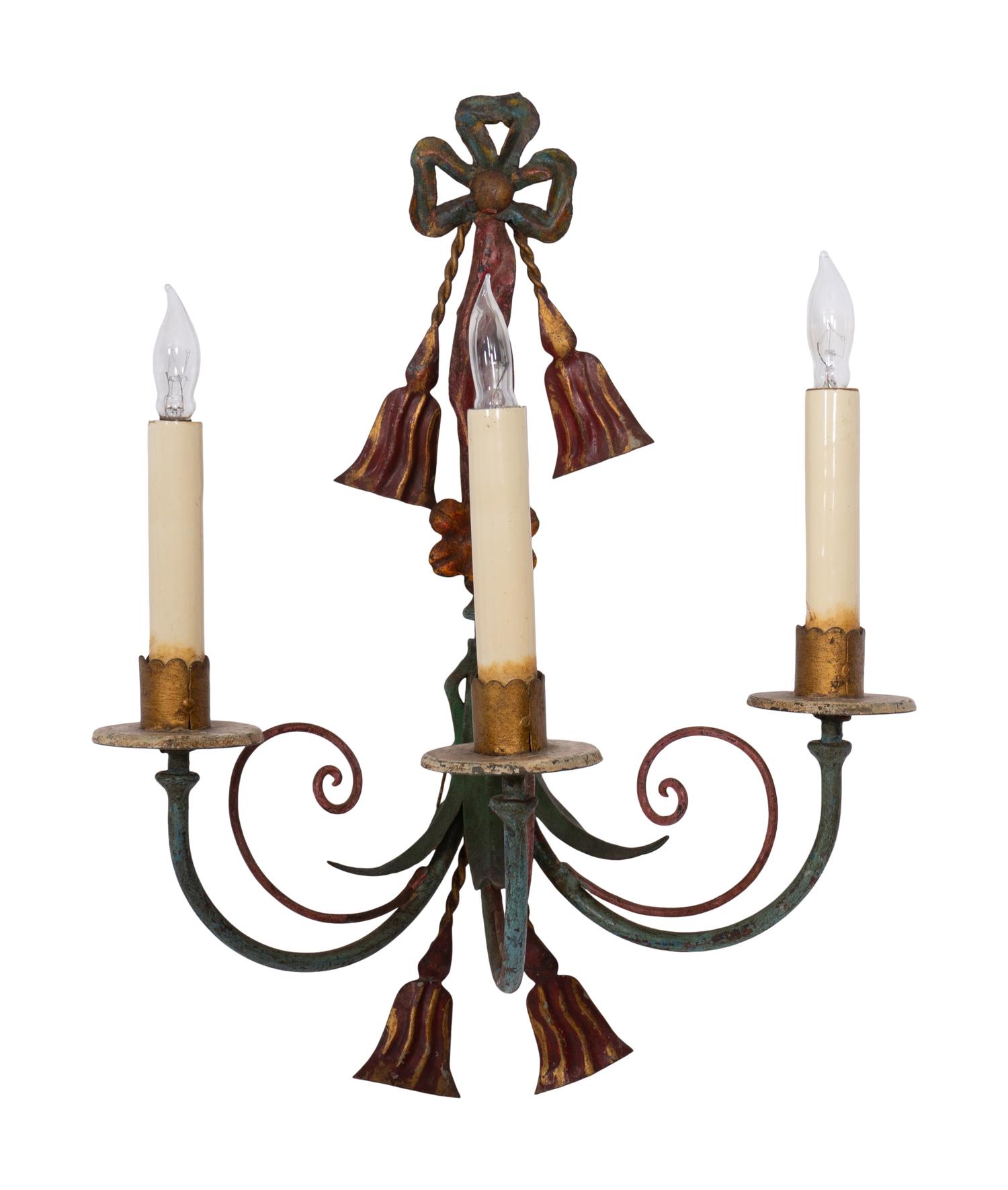 A Pair of Italian Tole Peinte Three-Light Sconces
