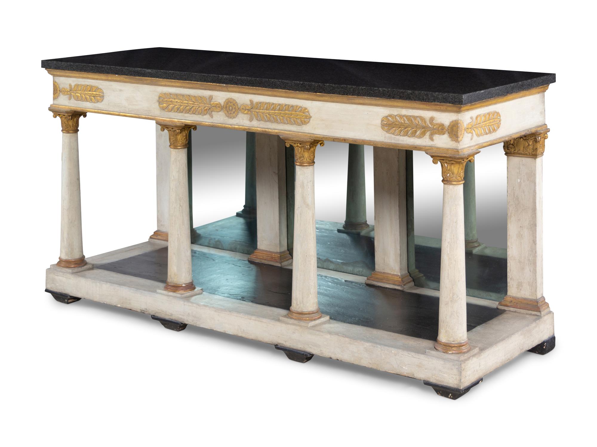 An Italian Neoclassical Painted and Parcel Gilt Marble-Top Console Table